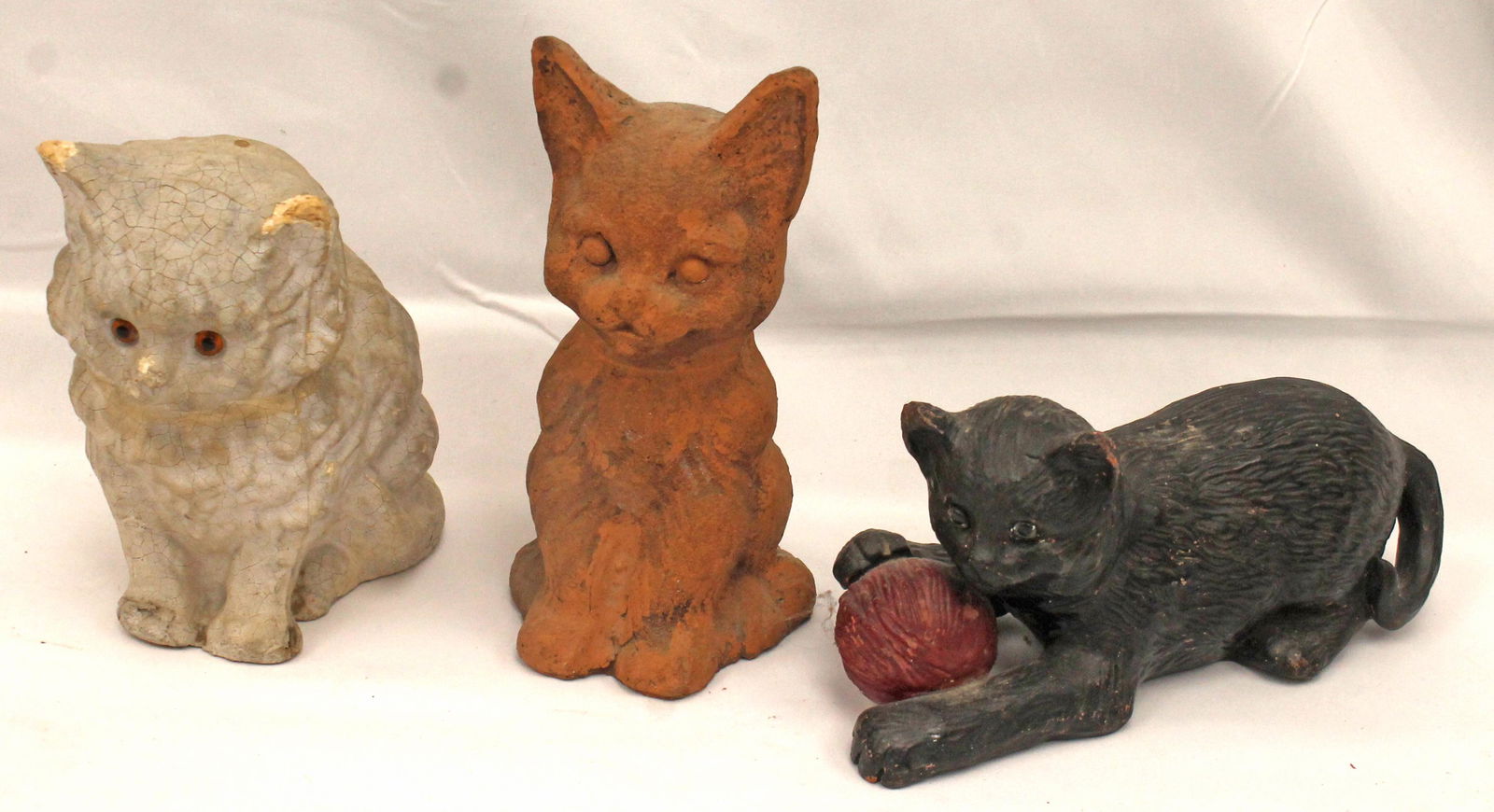 Lot of 3 cat figurines incl 7" tall white paper mache, 8" terra cotta & 9 1/2" long black painted (1 of 7)