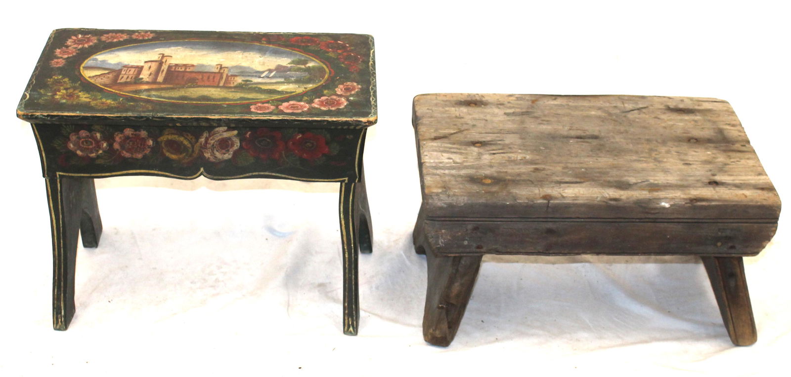 Lot of 2 footstools incl a scenic paint decorated example & a primitive gray painted example (1 of 6)