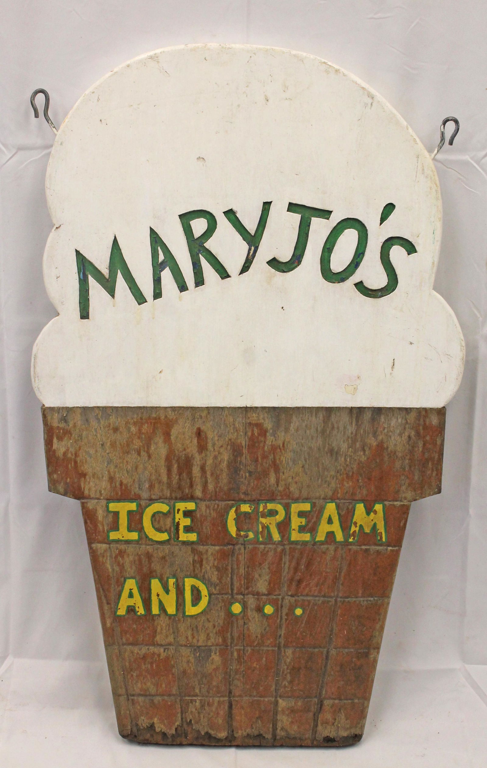 Vintage Ice Cream form double sided wooden painted trade sign "Mary Jo's Ice Cream Andâ€¦" - 37" (1 of 2)
