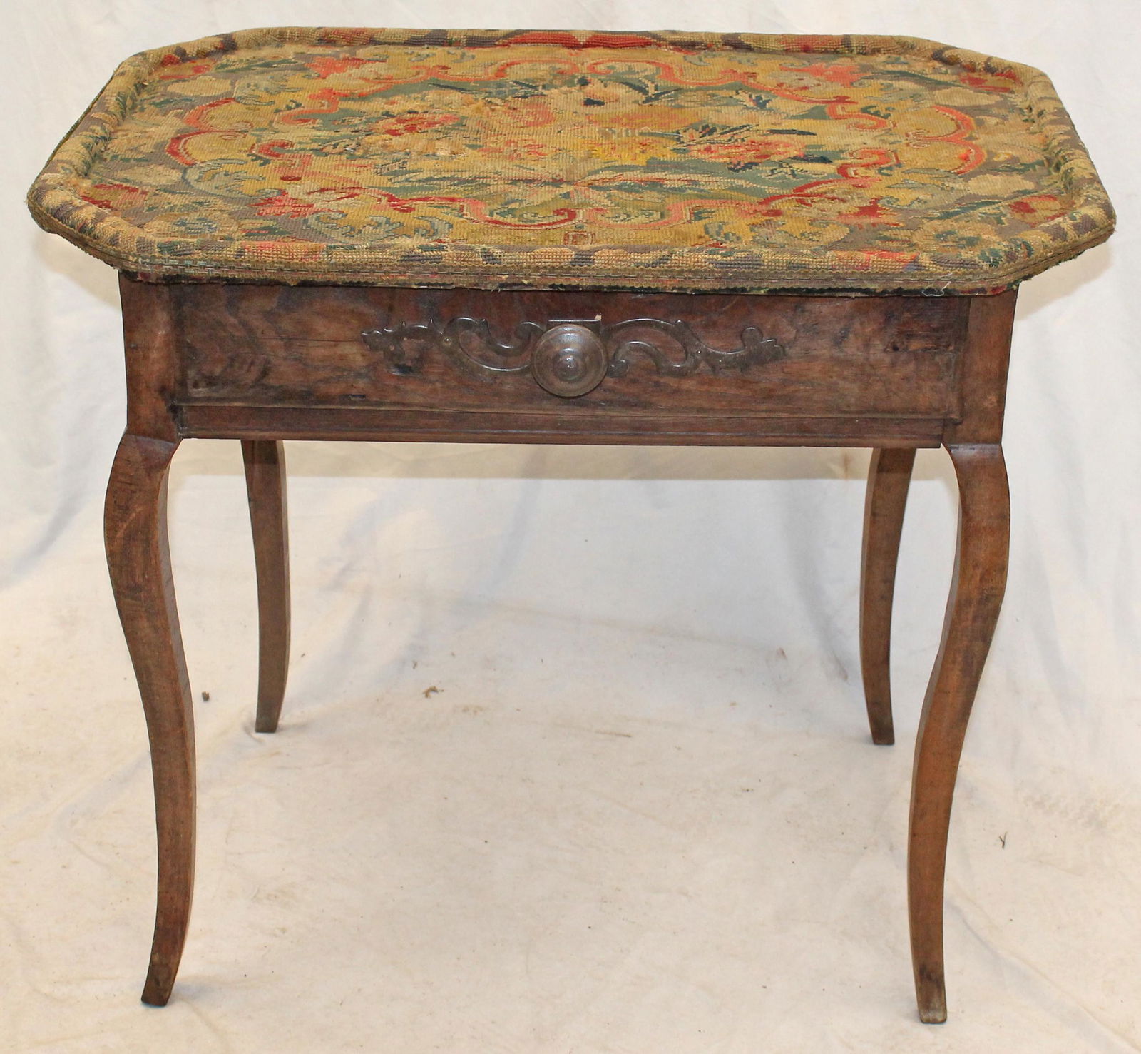 18thC French 1 drawer table w tapestry covered top - as found - 28" tall x 33" wide x 24" deep (1 of 6)