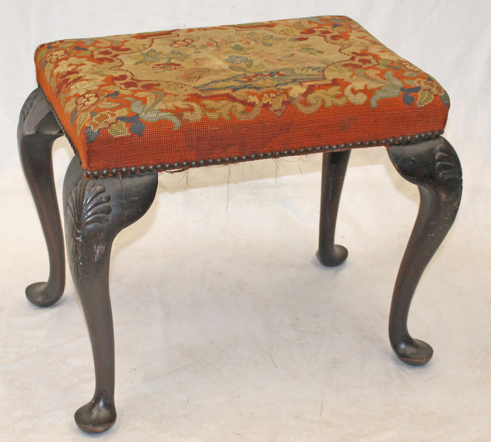 Antique tapestry covered stool w shell carved knees on cabriole legs ending in pad feet - 19 1/2" (1 of 6)