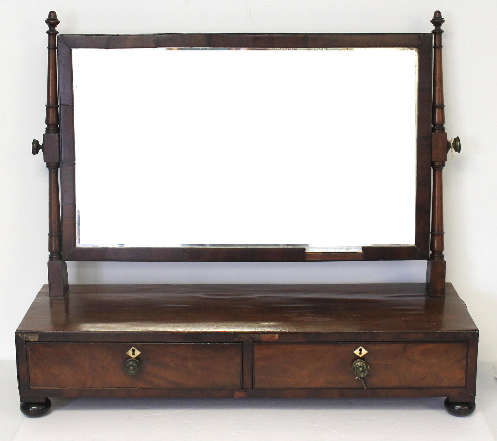 Antique mahogany veneered 2 drawer dresser mirror on ball feet - as found - 26" tall x 29 1/2" wide: Antique mahogany veneered 2 drawer dresser mirror on ball feet - as found - 26" tall x 29 1/2" wide x 10" deep