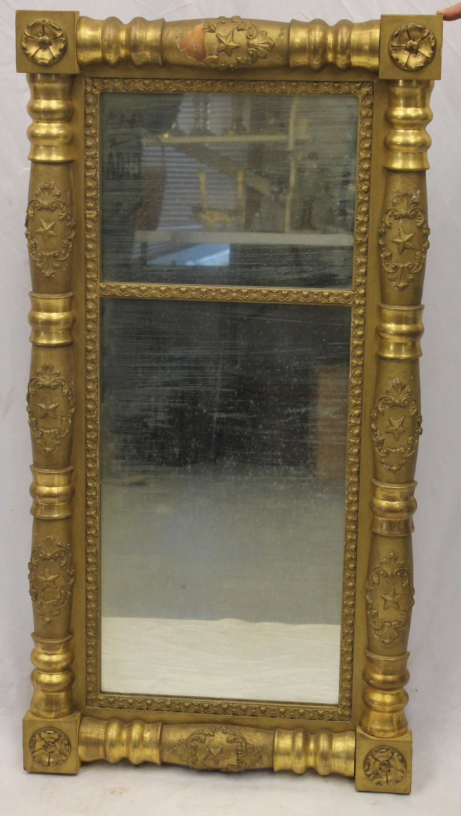 Antique 2 section Federal mirror in gold w star motif - 4" tall x 20 1/2" wide (1 of 6)
