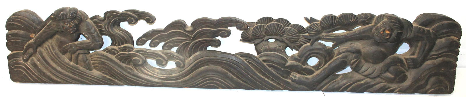 Carved wooden architectural crest or panel w carved figures & shells motif - 61" wide (1 of 7)