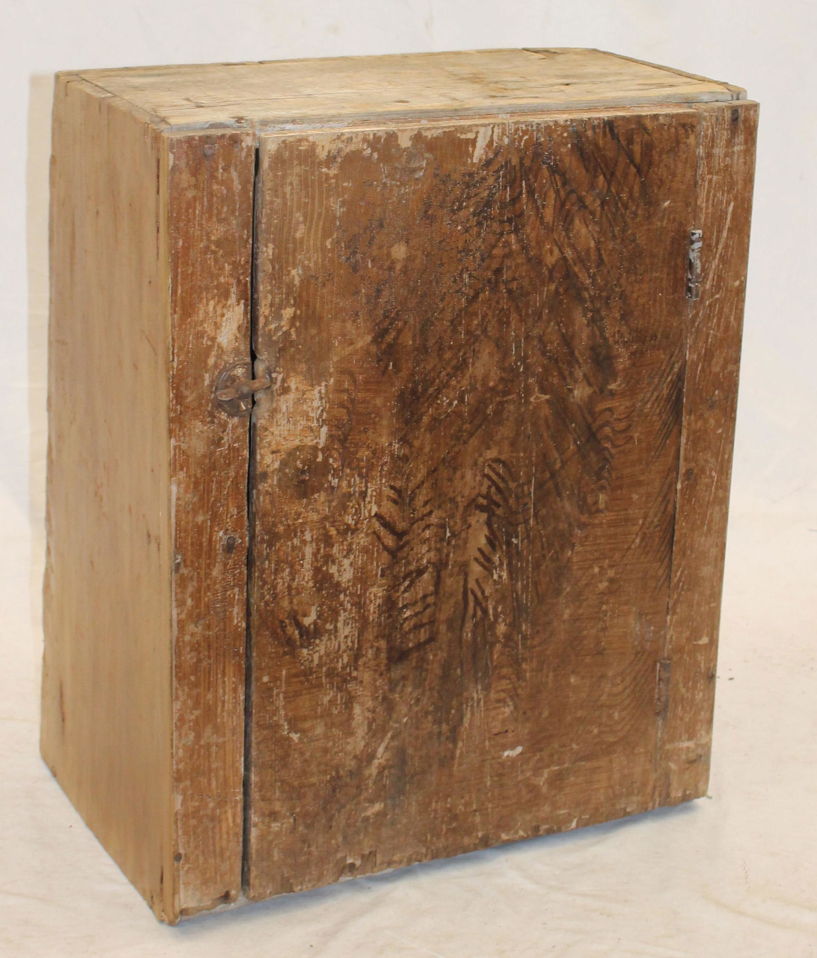 Antique 1 door paint dec hanging cupboard w 1 interior shelf & canted back - 26" tall x 20 1/4" wide: Antique 1 door paint dec hanging cupboard w 1 interior shelf & canted back - 26" tall x 20 1/4" wide x 13" deep