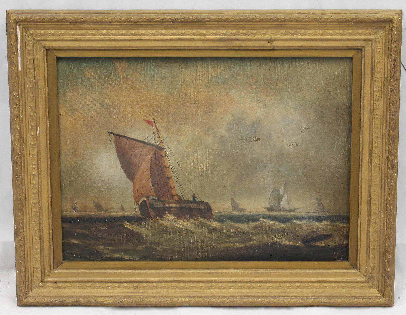 Antique o/c of sailing ships at sea - sgnd illegibly - overall framed size 18"x22 1/2" (1 of 5)