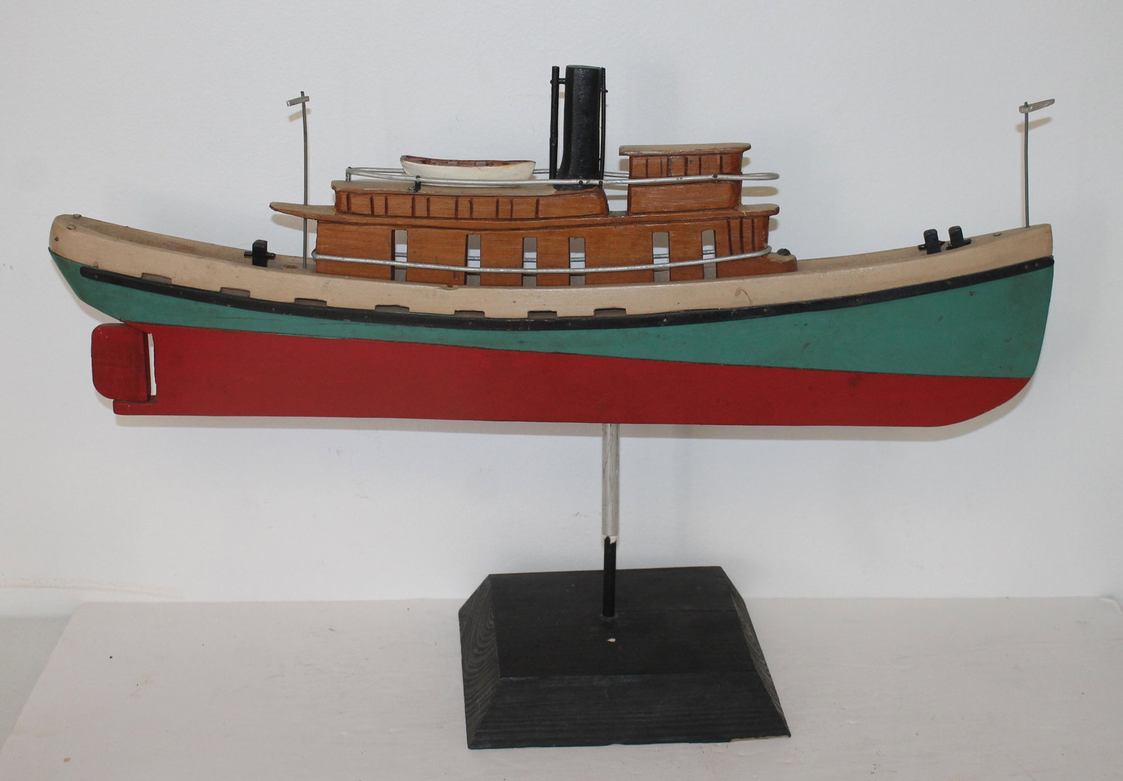 Wooden painted tugboat weathervane on stand - overall height on stand 16" x 24" wide: Wooden painted tugboat weathervane on stand - overall height on stand 16" x 24" wide