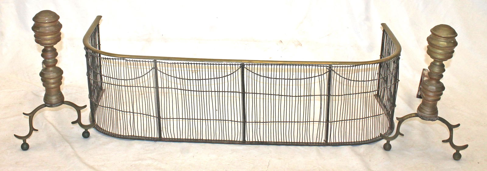 Antique brass & wire fireplace fender w a pr of brass finial andirons - (1 of 3)