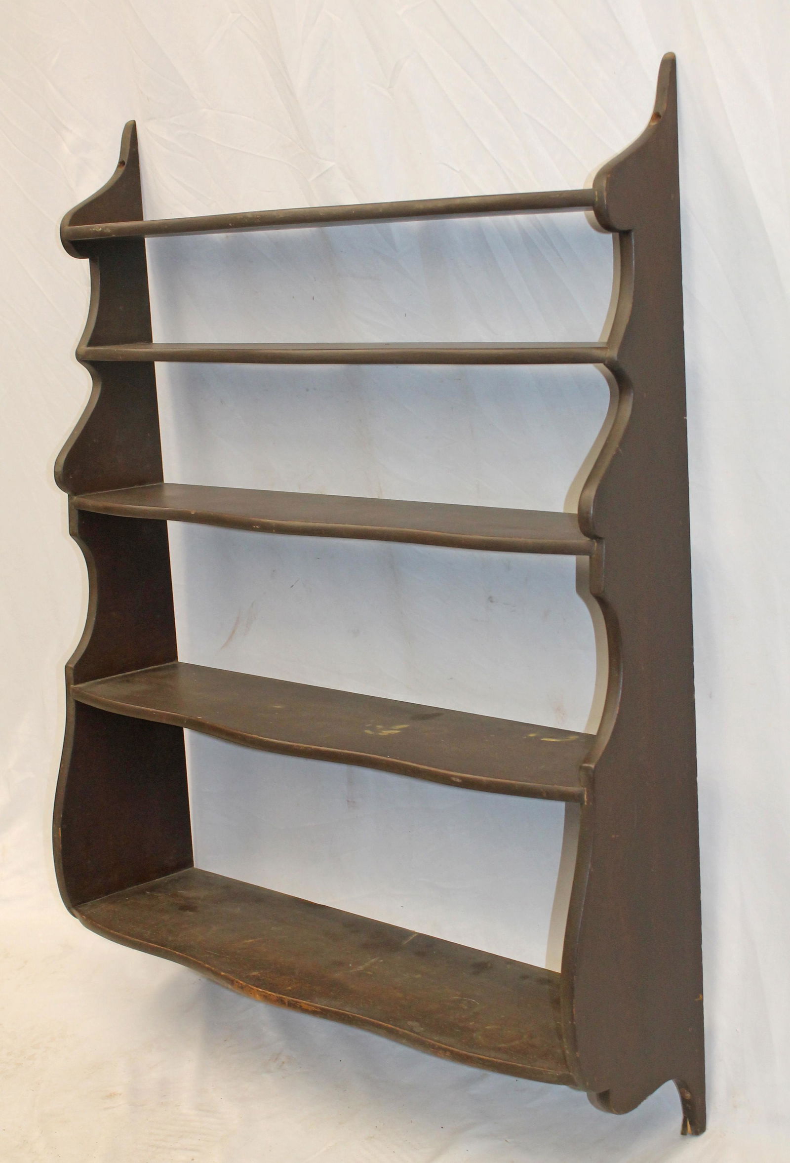 Antique 5 tier hanging wall shelf w shaped sides -  42" tall x 32" wide x 9 1/2" deep (1 of 4)