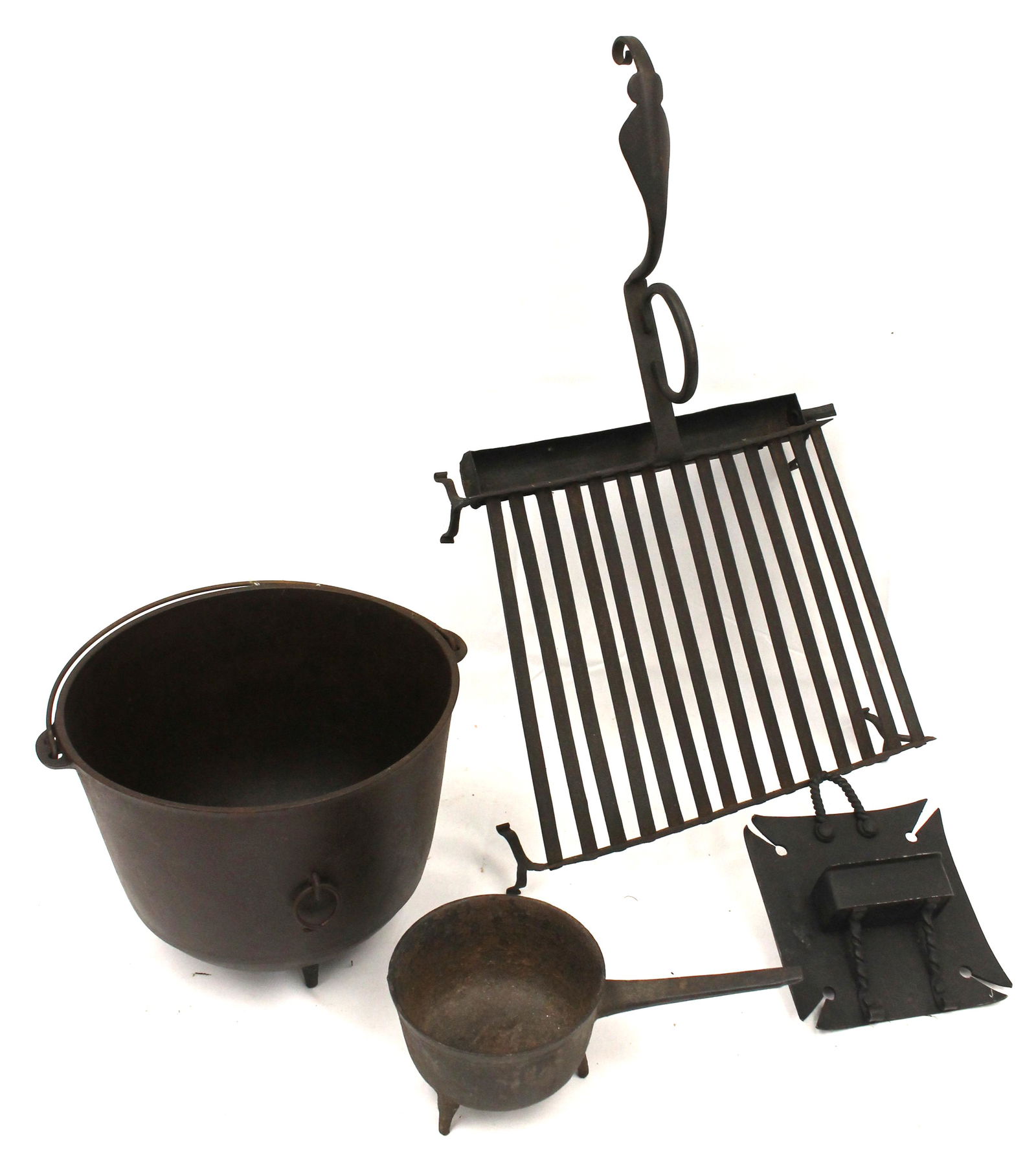 Antique wrought iron roaster, cast iron spider, kettle & match holder (1 of 5)