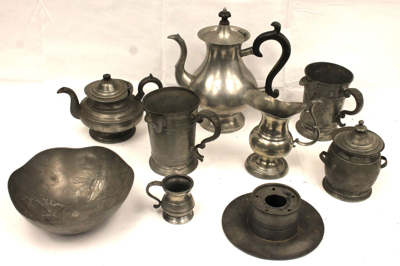 Large lot of pewter incl tankards, teapots, etc - largest coffee pot is 12" tall (1 of 8)