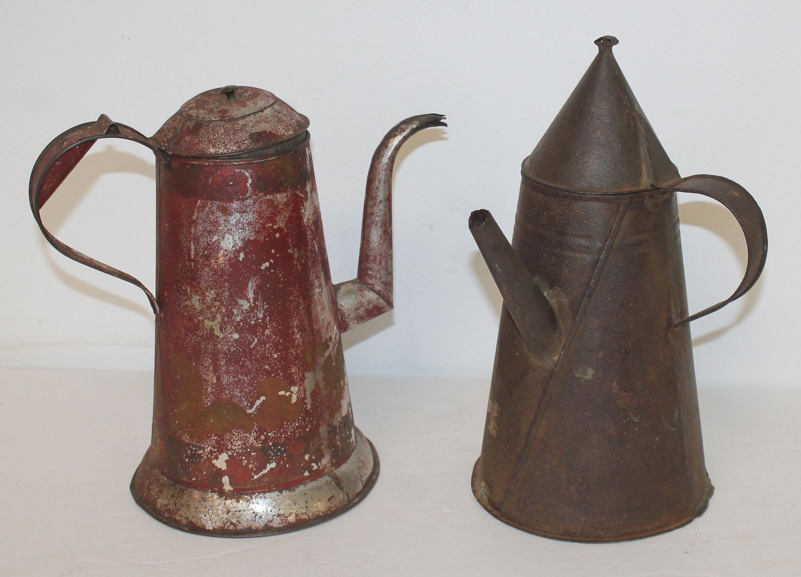 2 toleware coffee pots - 1 attrib Shaker - 12" & 11" tall (1 of 3)