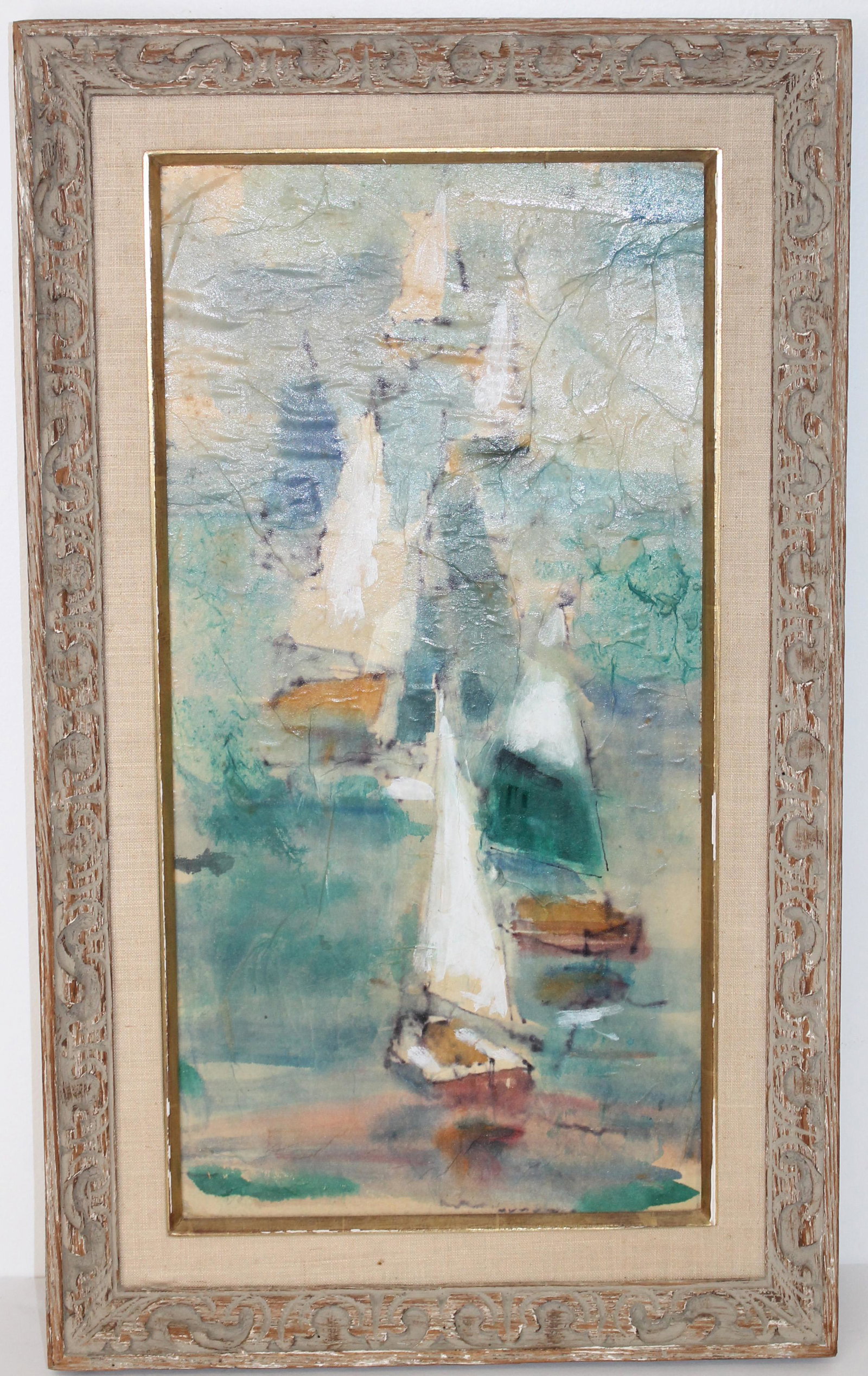 Impressionist o/c of sailboats - overall framed size 28"x16 1/2": Impressionist o/c of sailboats - overall framed size 28"x16 1/2"