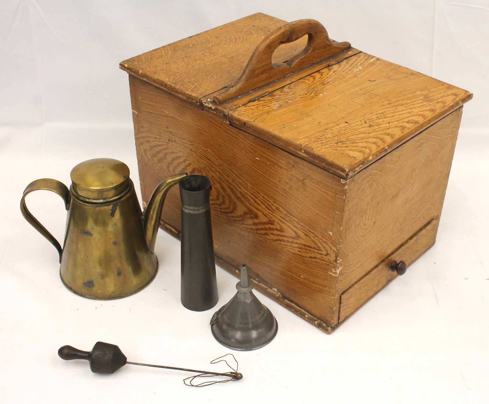 19th Century Grain Painted Lamplighter's Box W. Contents. Dovetailed chest with dovetail drawer. (1 of 3)