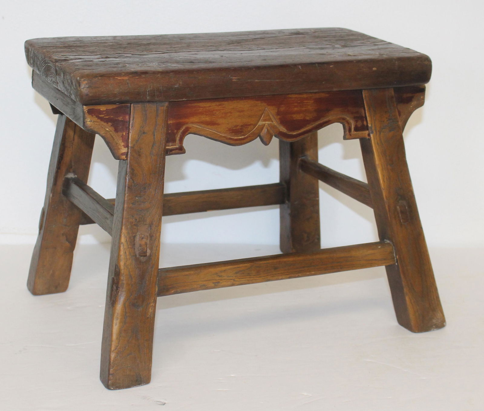 Antique wooden foot stool w shaped apron - 10" tall x 13" wide x 9 3/4" deep (1 of 7)
