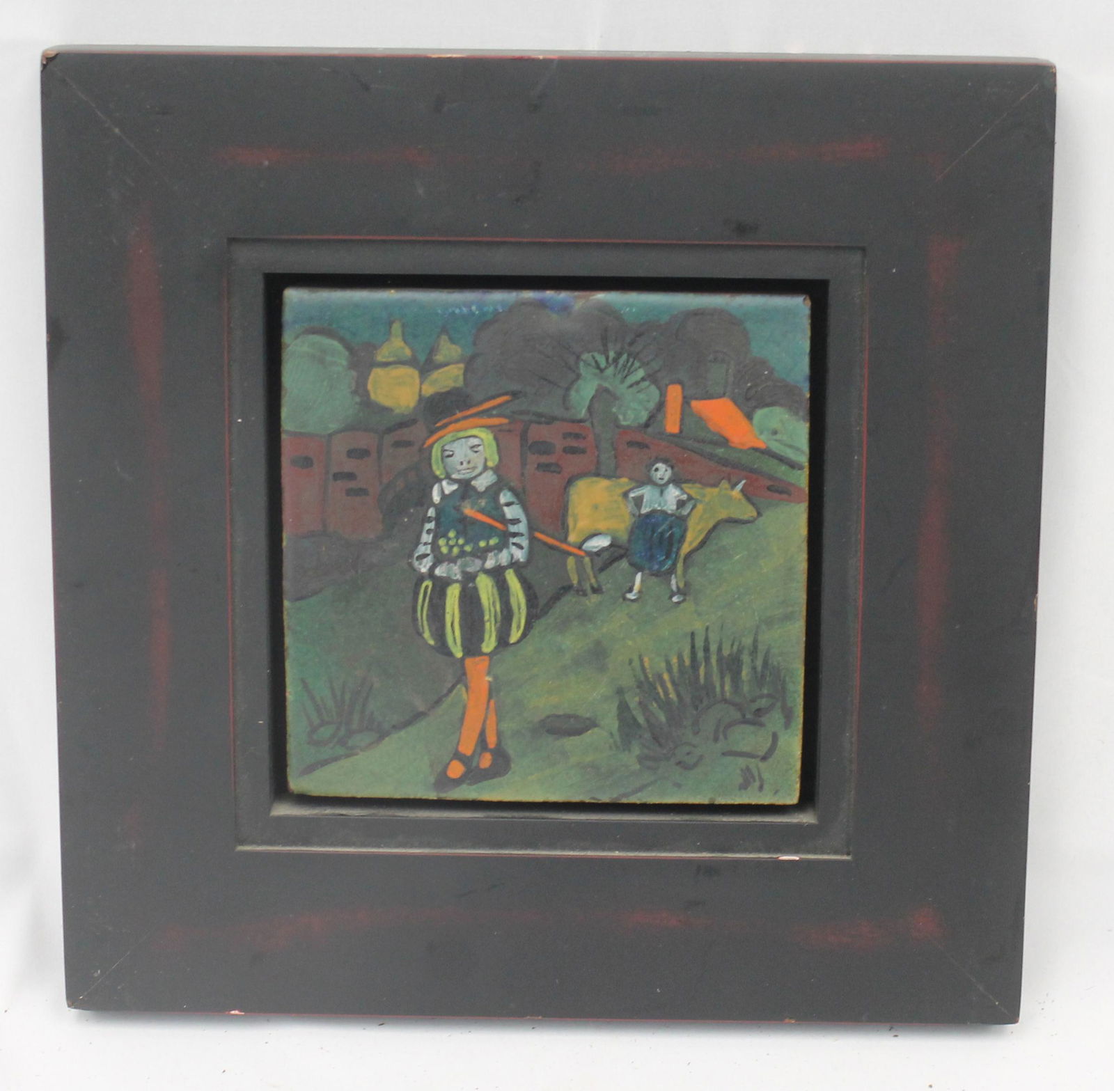 Framed painted art pottery tile - overall framed size 11 1/2"x11 1/2" (1 of 4)