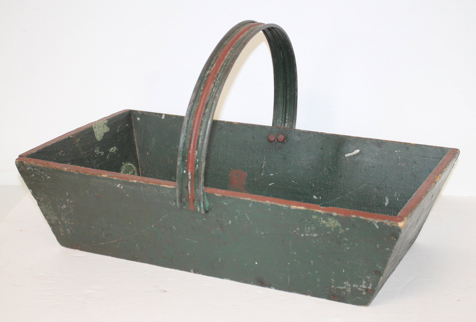 Folky wooden painted green & red carrier w tin handle - 12" tall x 21 1/4" wide x 11 3/4" deep: Folky wooden painted green & red carrier w tin handle - 12" tall x 21 1/4" wide x 11 3/4" deep