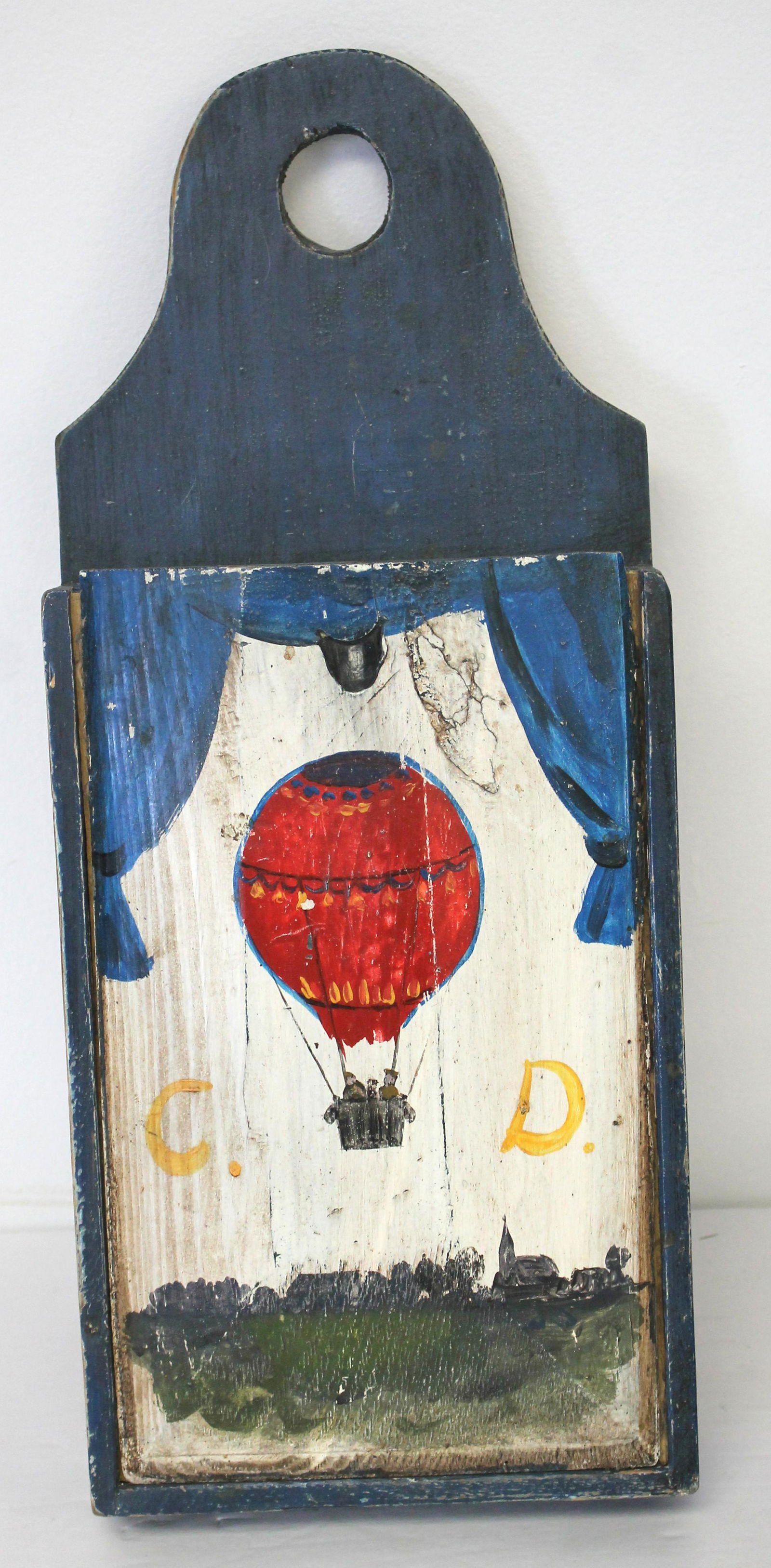 Wooden painted blue slide front wall box w hot air balloon dec front - 18" tall x 7 1/2" wide x 2 (1 of 7)