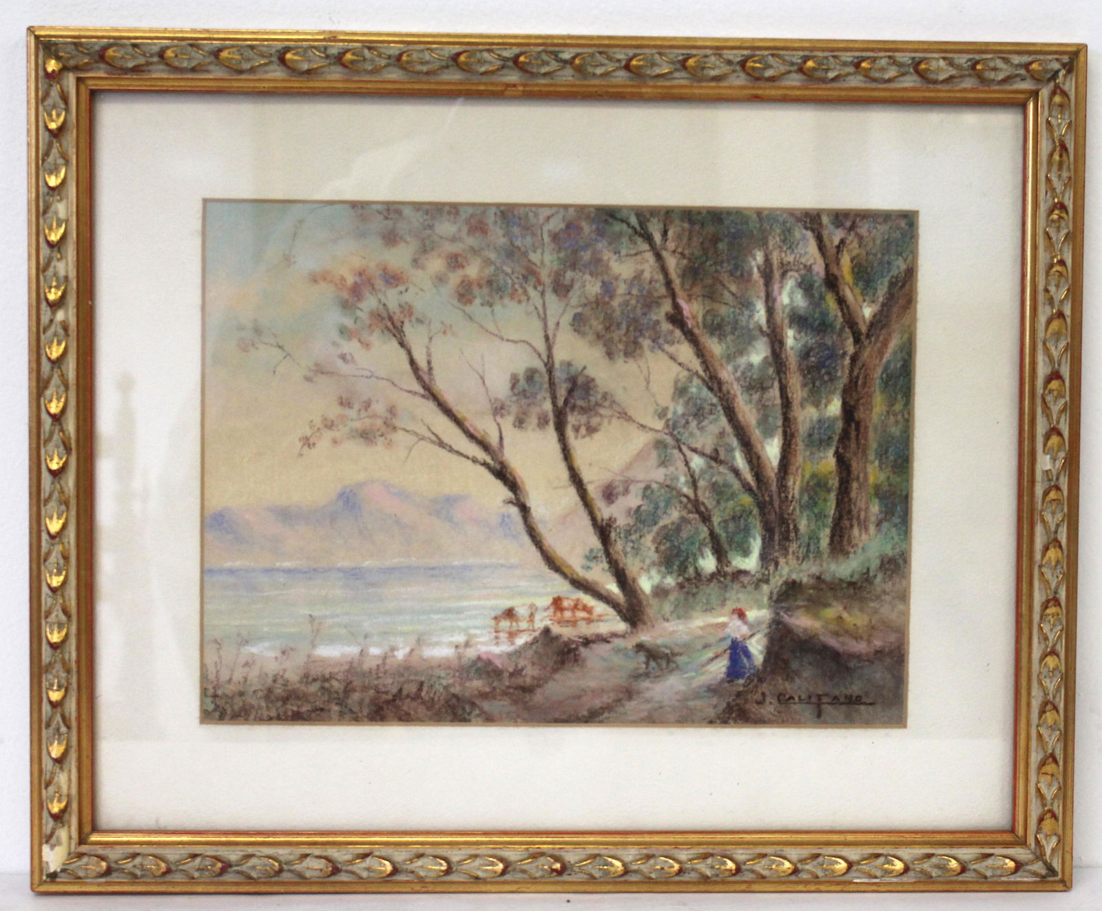 J. Califano signed w/c riverscape w figures & mountains in background - overall framed size 13 (1 of 6)