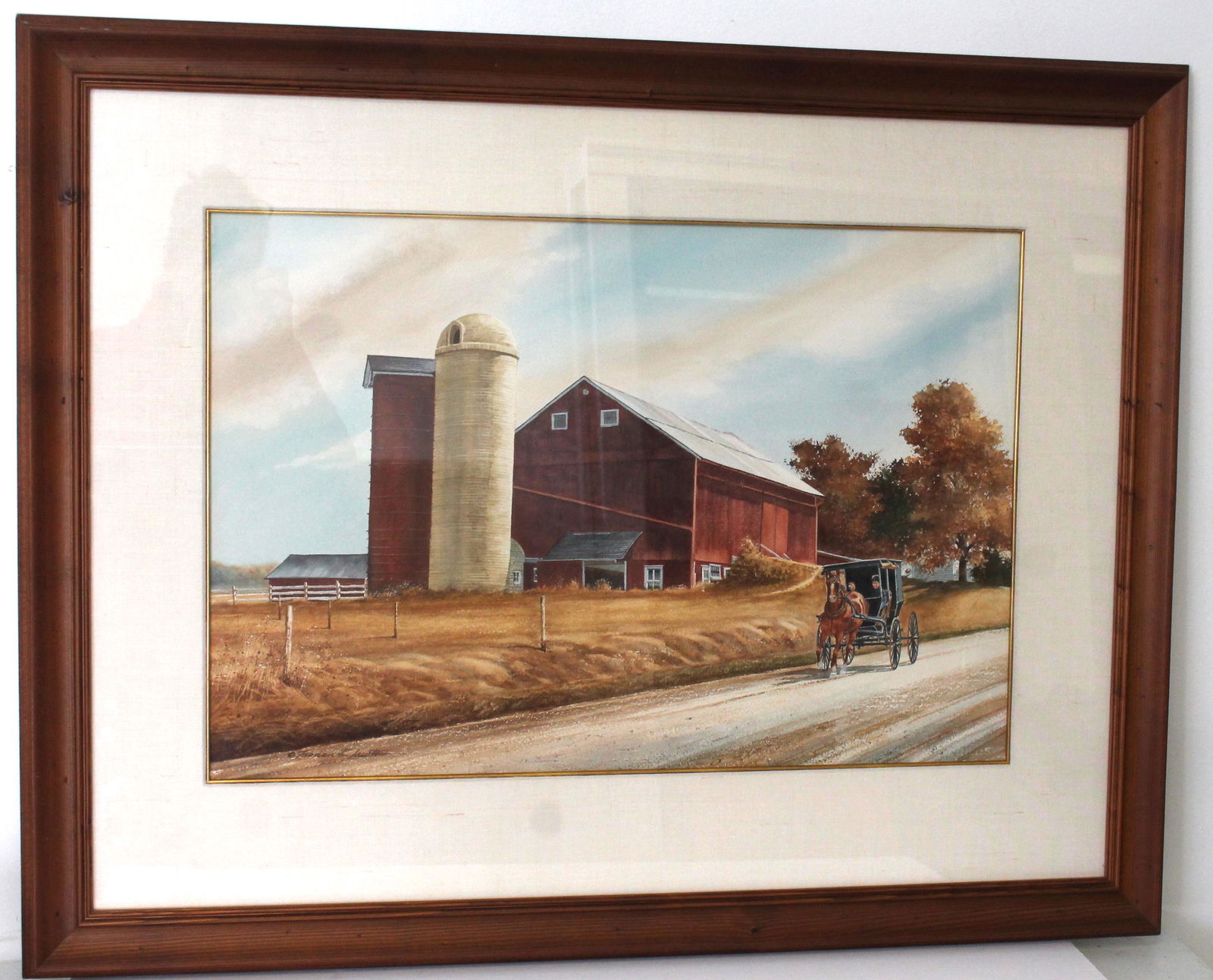 Florian K Lawton large framed w/c of Amish barn w people in a horse drawn carriage - overall framed (1 of 4)