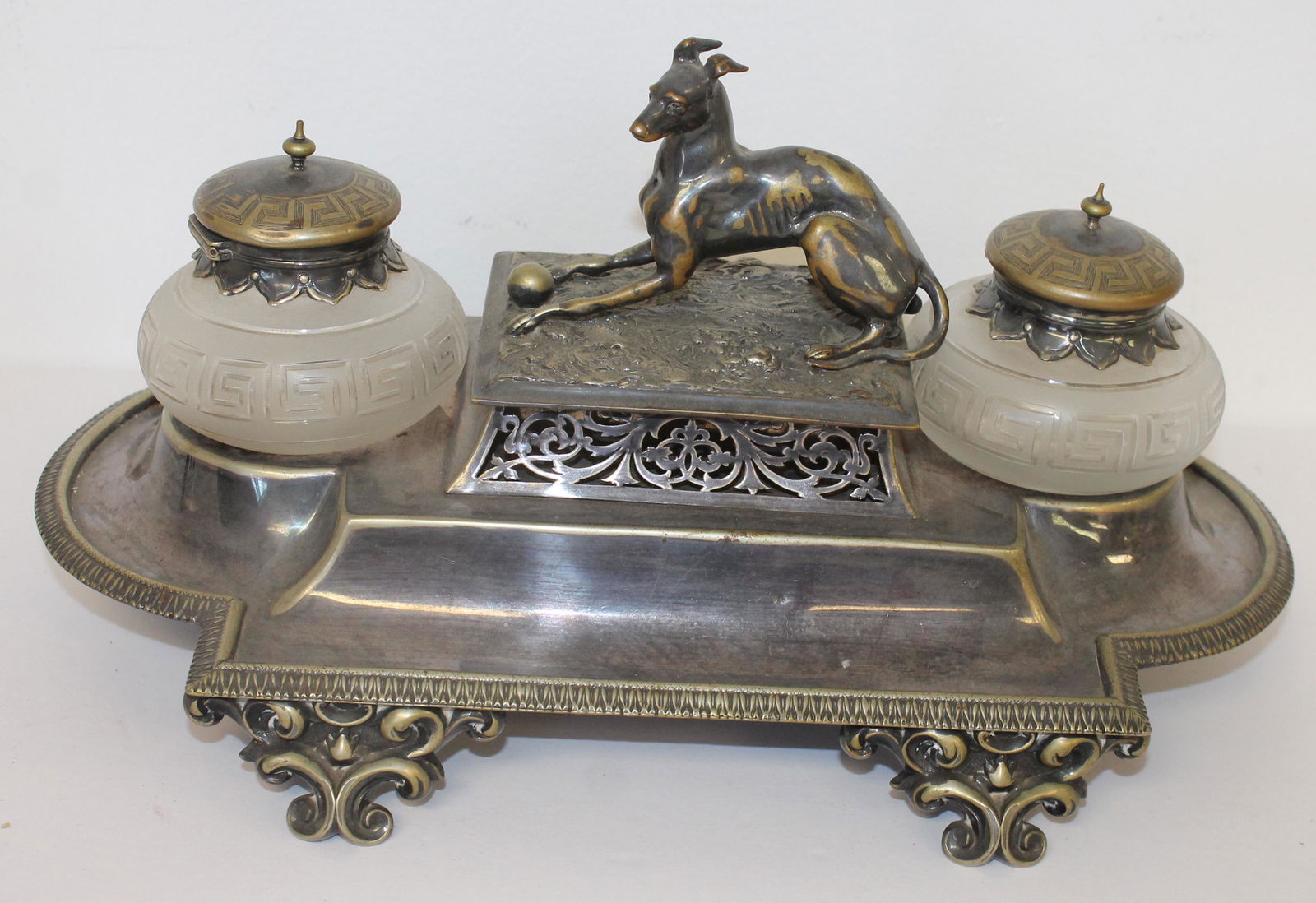 Fancy silverplate double inkwell w greyhound mounted center & etched glass inkwells - 14"wide x8" (1 of 9)