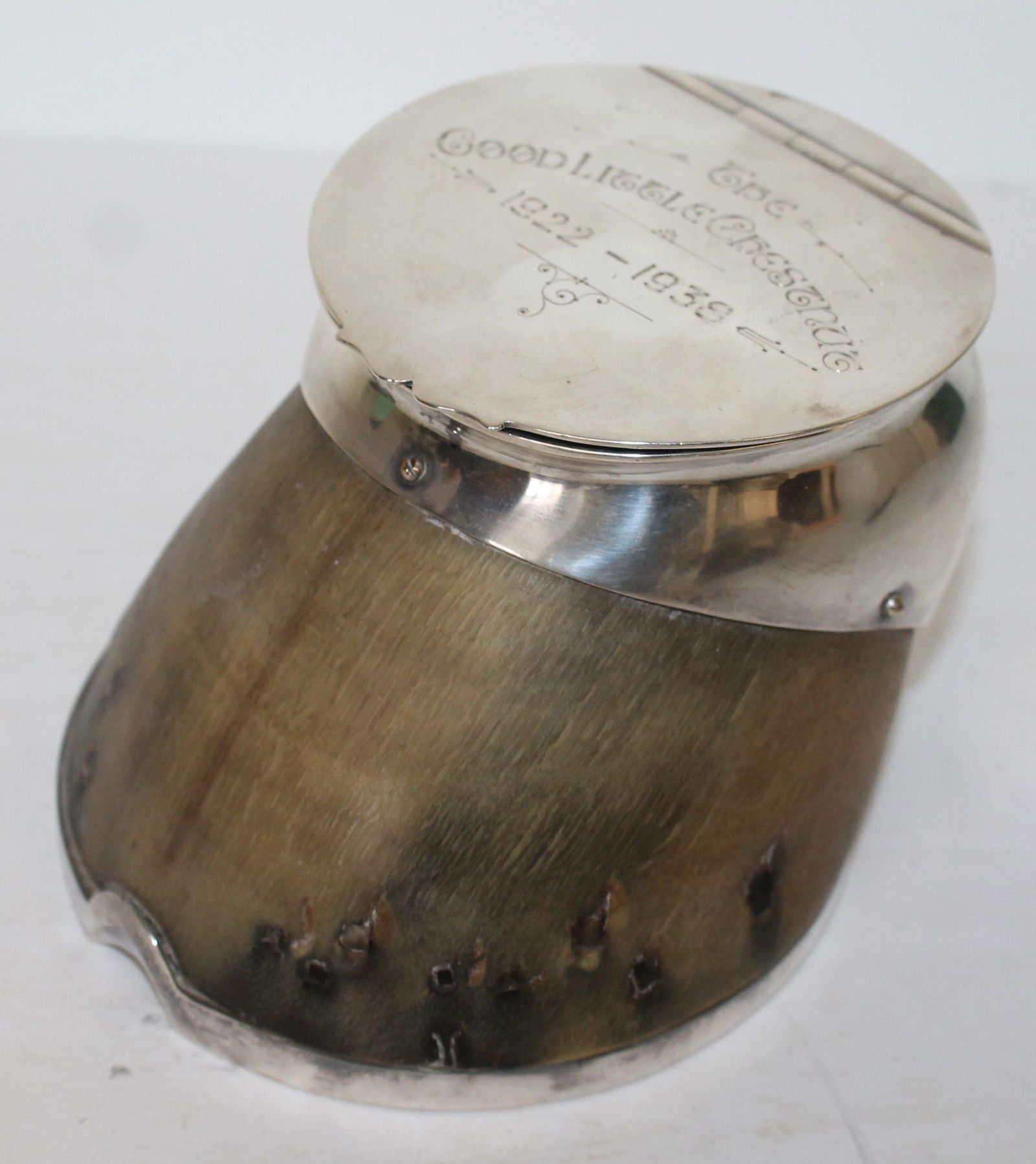 English silver mounted horse hoof inkwell w presentation information inscribed on top "The Good (1 of 10)