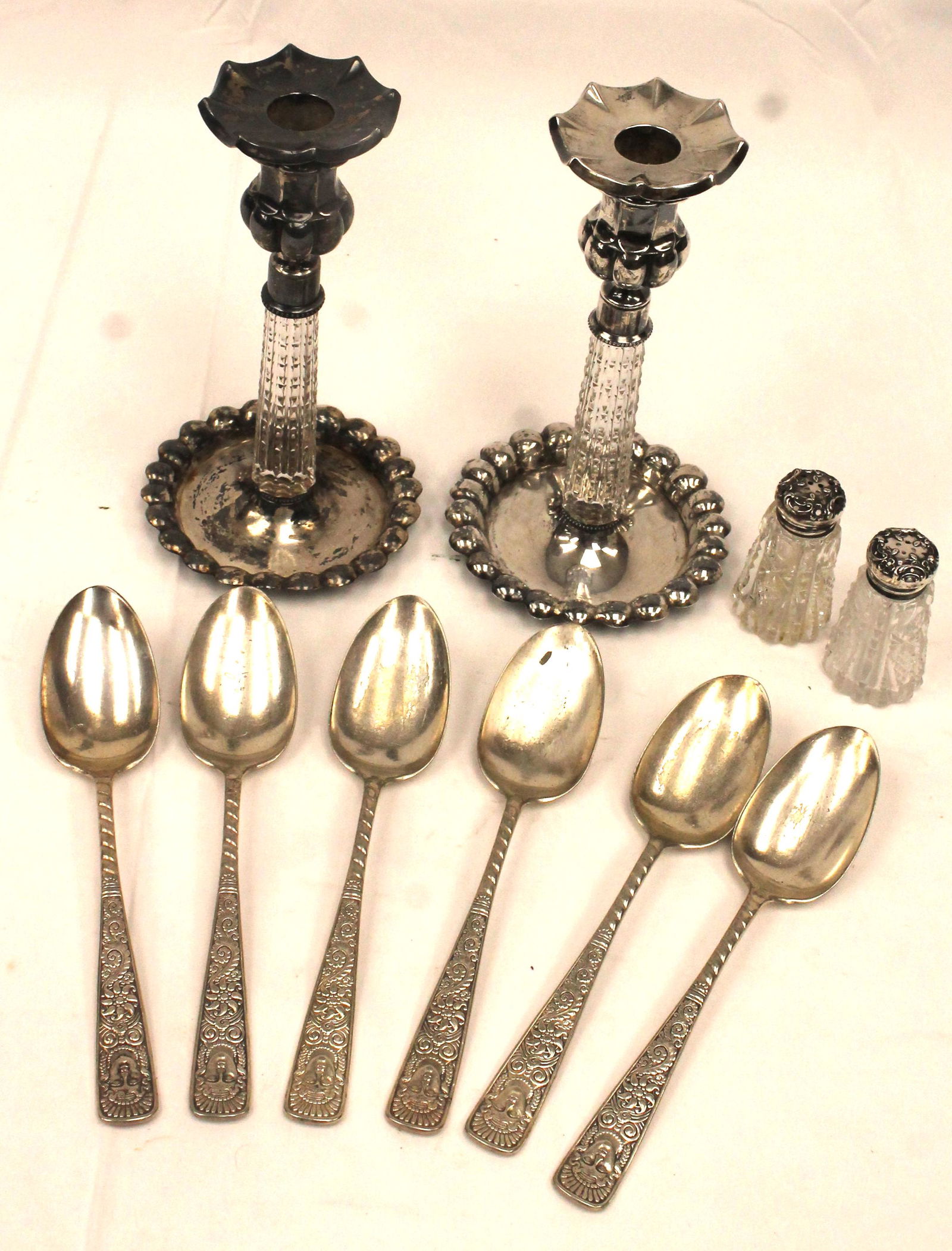 Lot of silverplate incl set of large Rogers Bros spoons, 8" tall glass & silver plate mounted (1 of 4)