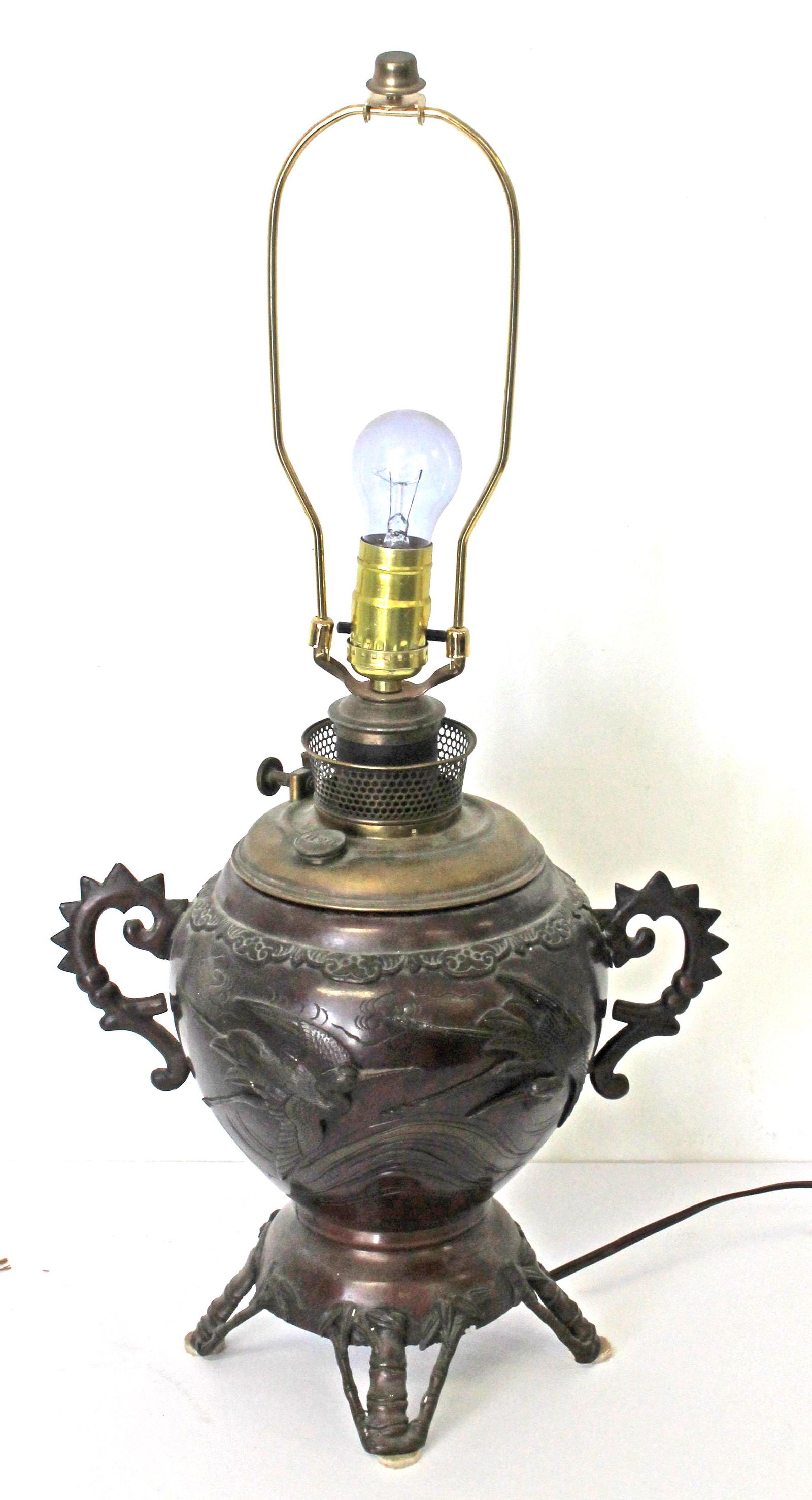 Asian bronze table lamp w crane & floral dec - 13" tall to top of bronze (1 of 6)