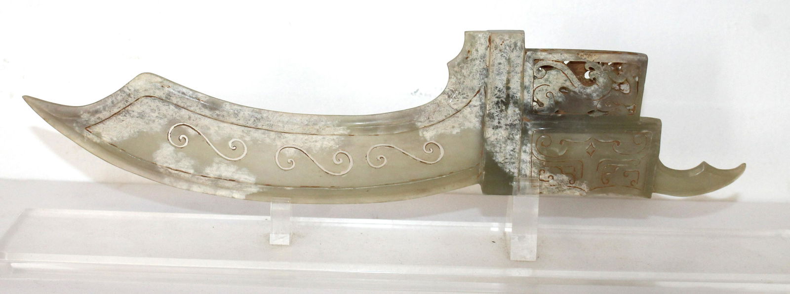 Asian carved stone ax head on lucite holder - 13" long (1 of 5)