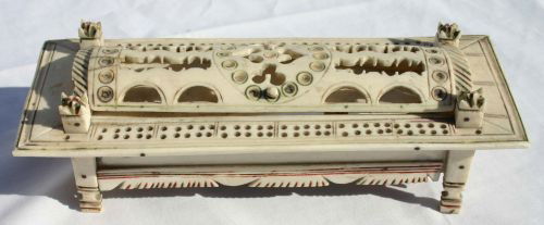Napoleonic POW carved ivory 8" box w polychrome pai: Napoleonic POW carved ivory 8" box w polychrome paint w inscription NC (Norman Cross Prison) 1796 - made as an intricate cribbage board (from "The William Lloyd Collection of Napoleonic POW models don