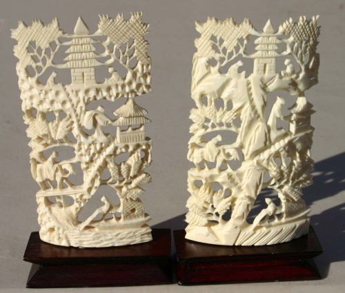 pr of Chinese carved ivory scholar screens on stand: pr of Chinese carved ivory scholar screens on stands w village, figural & foliate dec - 4" tall