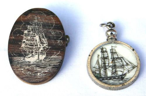 antique balleen scrimshawed pin w scrimshawed whale: antique balleen scrimshawed pin w scrimshawed whale bone pendant