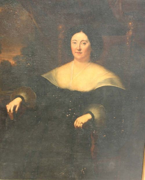 Very lg & early 57x45 o/c portrait of a seated woma: Very lg & early 57x45 o/c portrait of a seated woman label on verso reads XVII Cen “Lady” attrib to Carbone(?) Genoese(?) follower Van Dyck