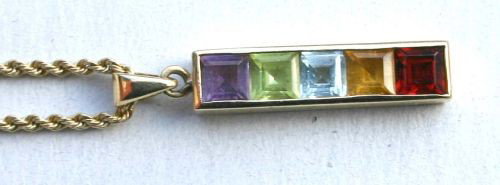 14k gold bar pendant necklace w 5 multi colored st: 14k gold bar pendant necklace w 5 multi colored stones