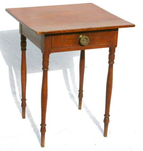 wonderful period Sheraton NH birch & tiger maple 1: wonderful period Sheraton NH birch & tiger maple 1 dr stand ca 1810 w 1 bd top in all orig condition incl period brass - 25 1/2" tall w 21" square top