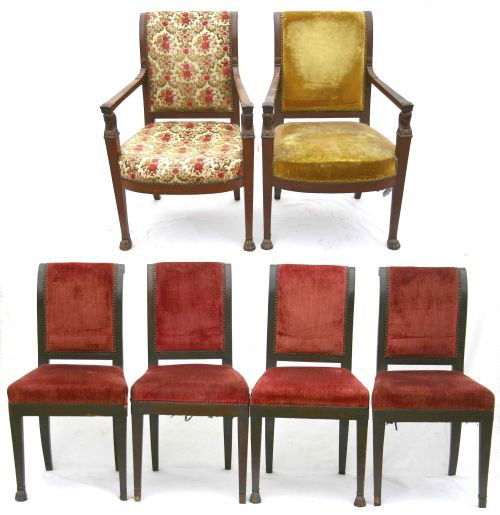 rare & important set of 6 (2 arms – 4 sides) ca 18: rare & important set of 6 (2 arms – 4 sides) ca 1810 NYC Egyptian Revival hairy paw ft chairs w Egyptian heads & shell carvings on the armchairs – As found – possibly Duncan Phyfe