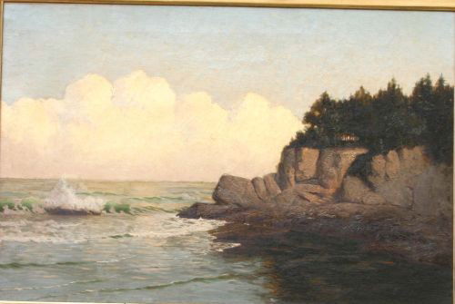 Wonderful 14x30 o/c coastal view of Mount Desert I: Wonderful 14x30 o/c coastal view of Mount Desert Island Maine in spectacular vintage frame - possibly by Maxfield Parrish