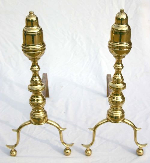 pr of ca 1810 acorn top andirons w spurred ball fe: pr of ca 1810 acorn top andirons w spurred ball feet in mint condition - 19" tall