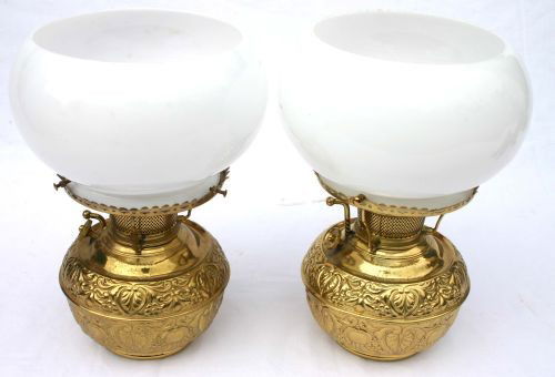 pr of sgnd Miller & Juno antique brass embossed la: pr of sgnd Miller & Juno antique brass embossed lamps w white glass shades - 11" tall