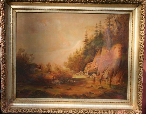 bears T.C. Steele signature (Theodore Clement Stee: bears T.C. Steele signature (Theodore Clement Steele 1847-1926) 26x34 o/c w several figures & cottage by a river dated 1914 - needs restoration