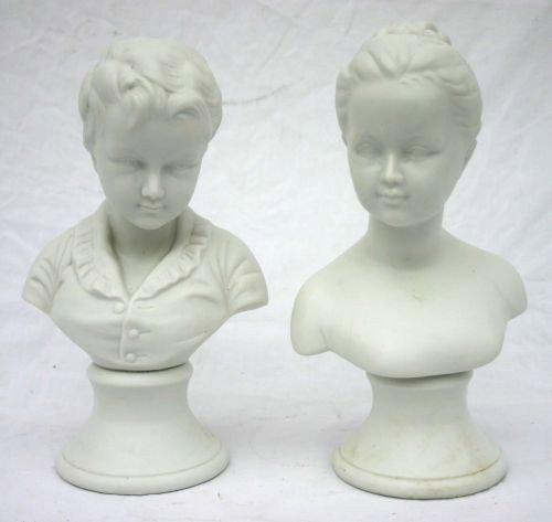 Fine pr of 8 1/2" antique Parian busts of girl & b: Fine pr of 8 1/2" antique Parian busts of girl & boy