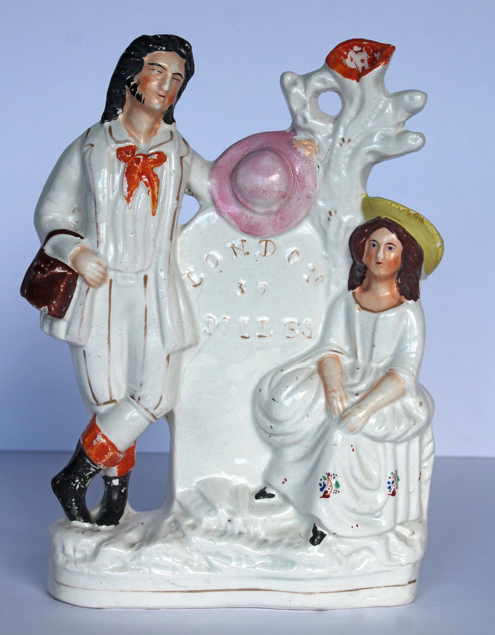 Antique Staffordshire spill vase w 2 figures "London 30 Miles" - 11" tall: Antique Staffordshire spill vase w 2 figures "London 30 Miles" - 11" tall