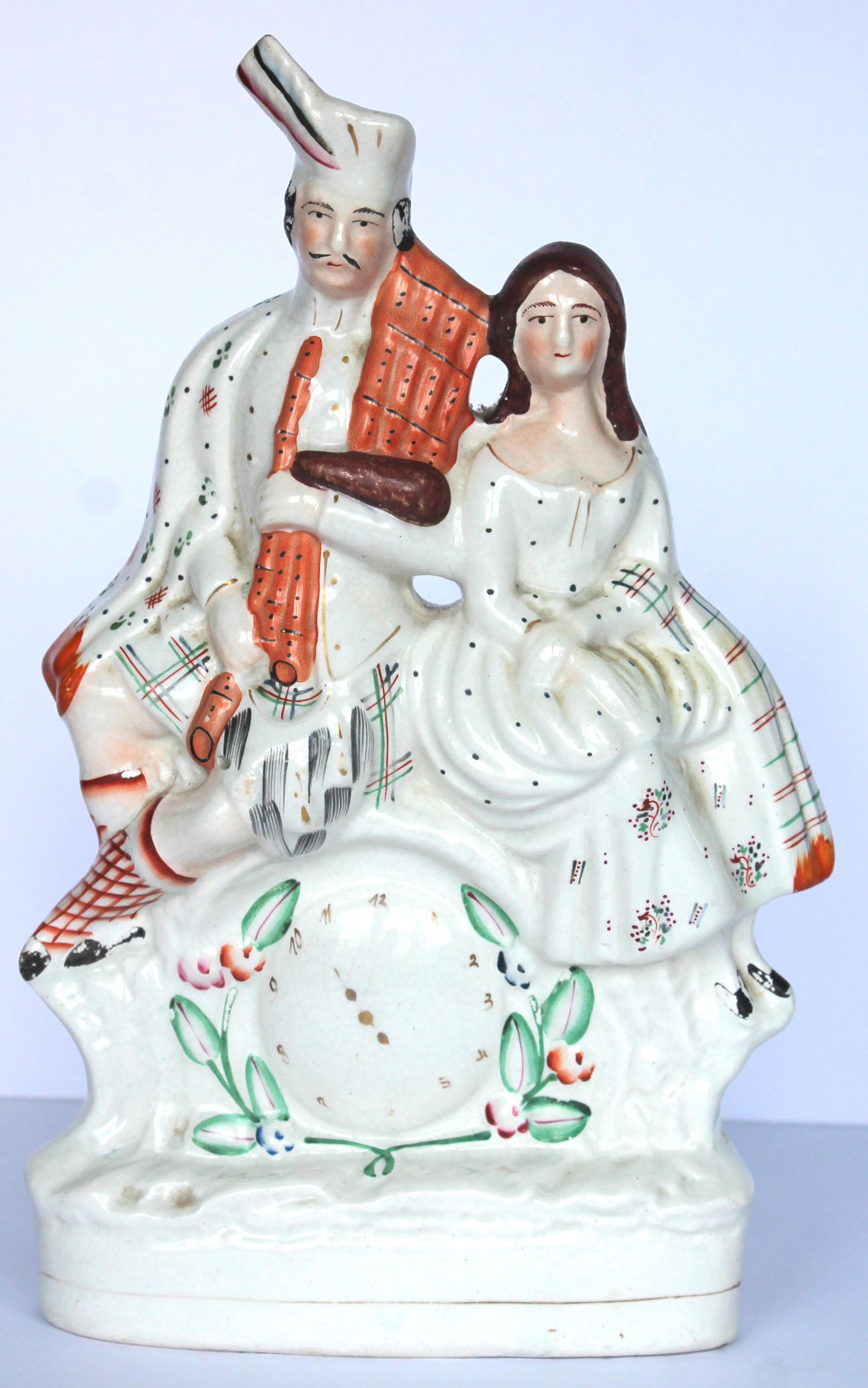 Antique Staffordshire flat back Scottish mantle clock figure of man & woman - 13 1/2" tall (1 of 5)