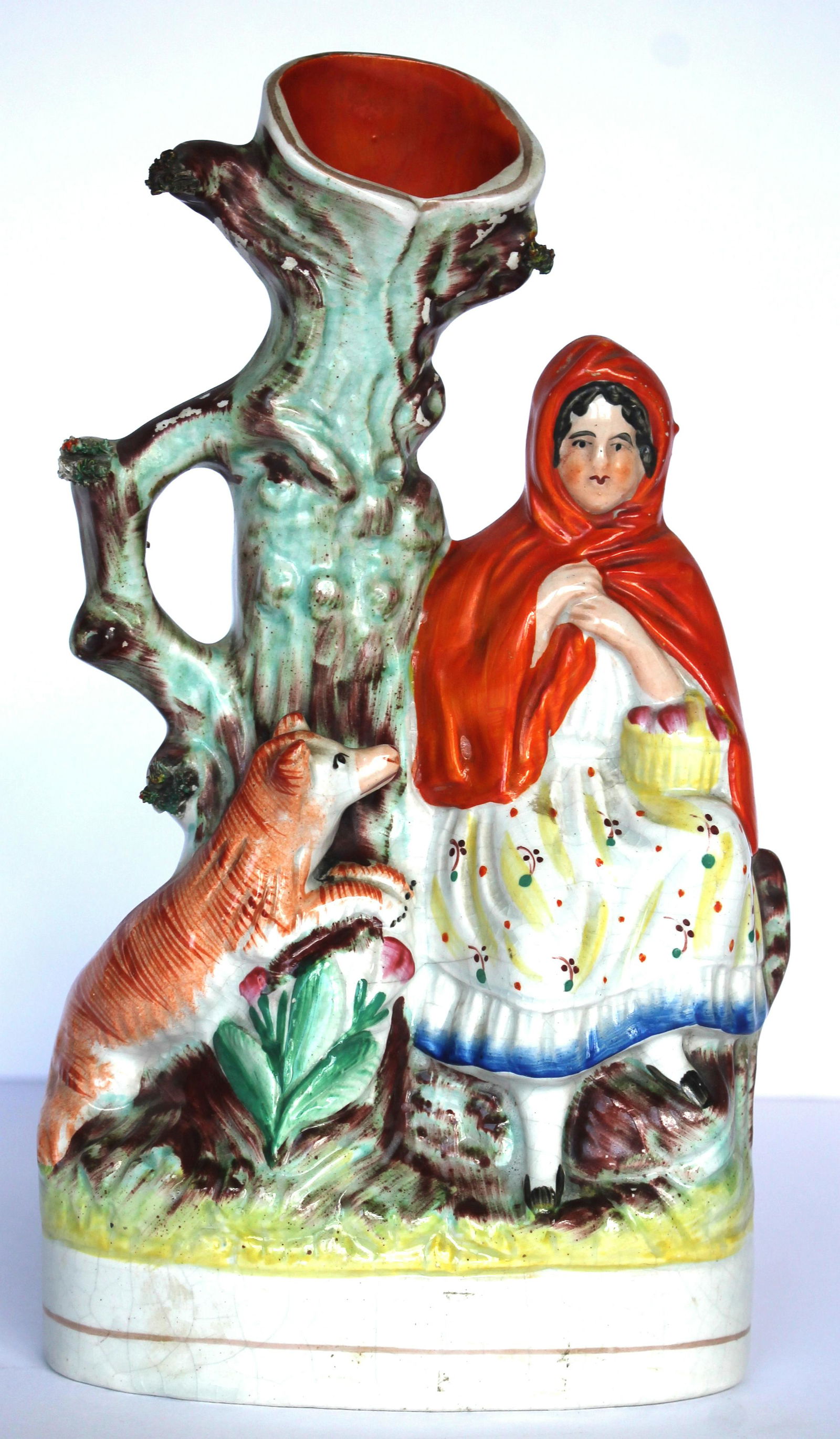 Antique Staffordshire spill vase "Little Red Riding Hood" w fox - 10" tall: Antique Staffordshire spill vase "Little Red Riding Hood" w fox - 10" tall