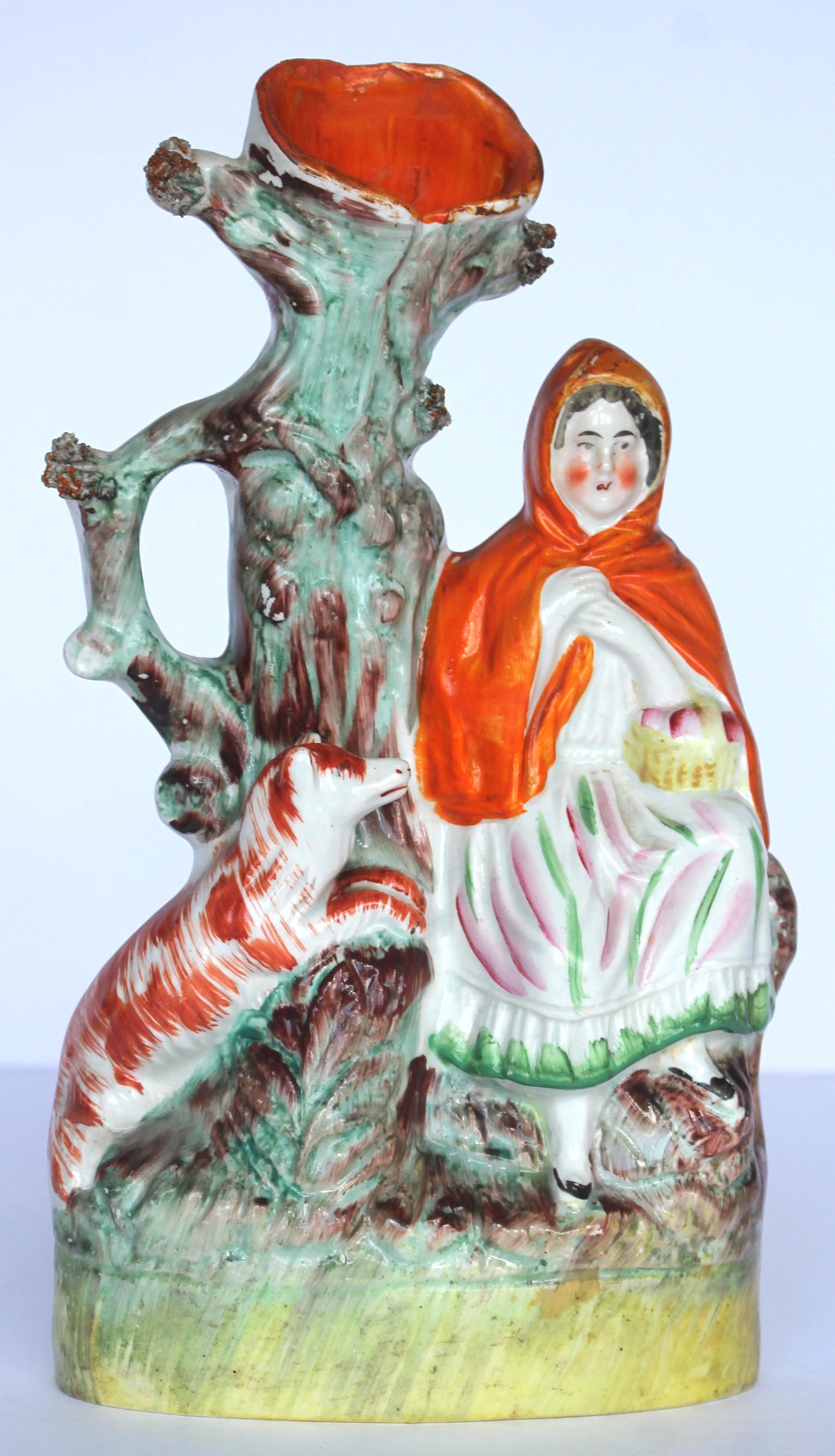 Antique Staffordshire spill vase "Little Red Riding Hood" w fox - as found with damage to top of: Antique Staffordshire spill vase "Little Red Riding Hood" w fox - as found with damage to top of spill - 10" tall