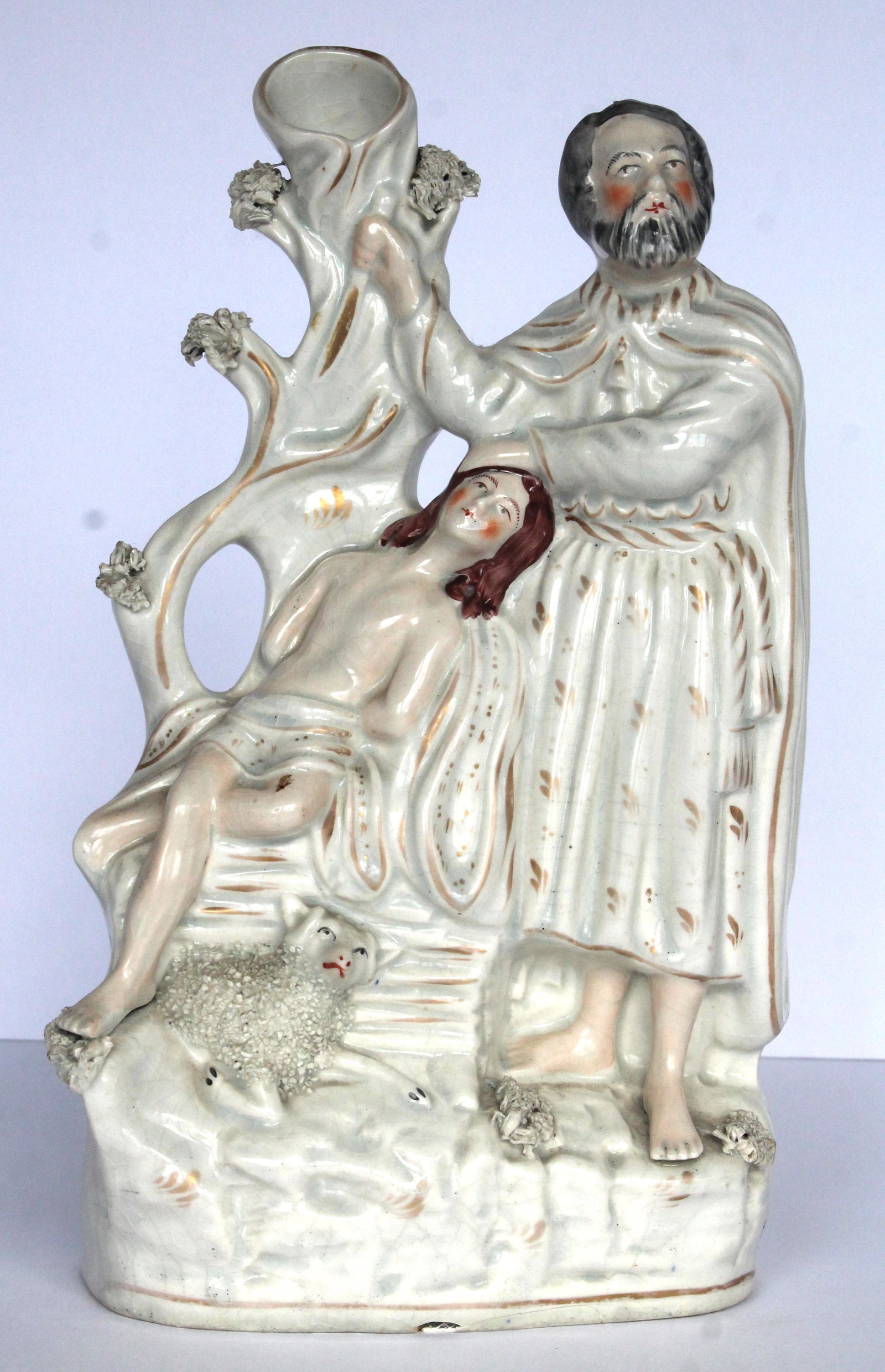 Antique Staffordshire spill vase "Isaac & Jacob" - as found with damage on underside - 12" tall: Antique Staffordshire spill vase "Isaac & Jacob" - as found with damage on underside - 12" tall