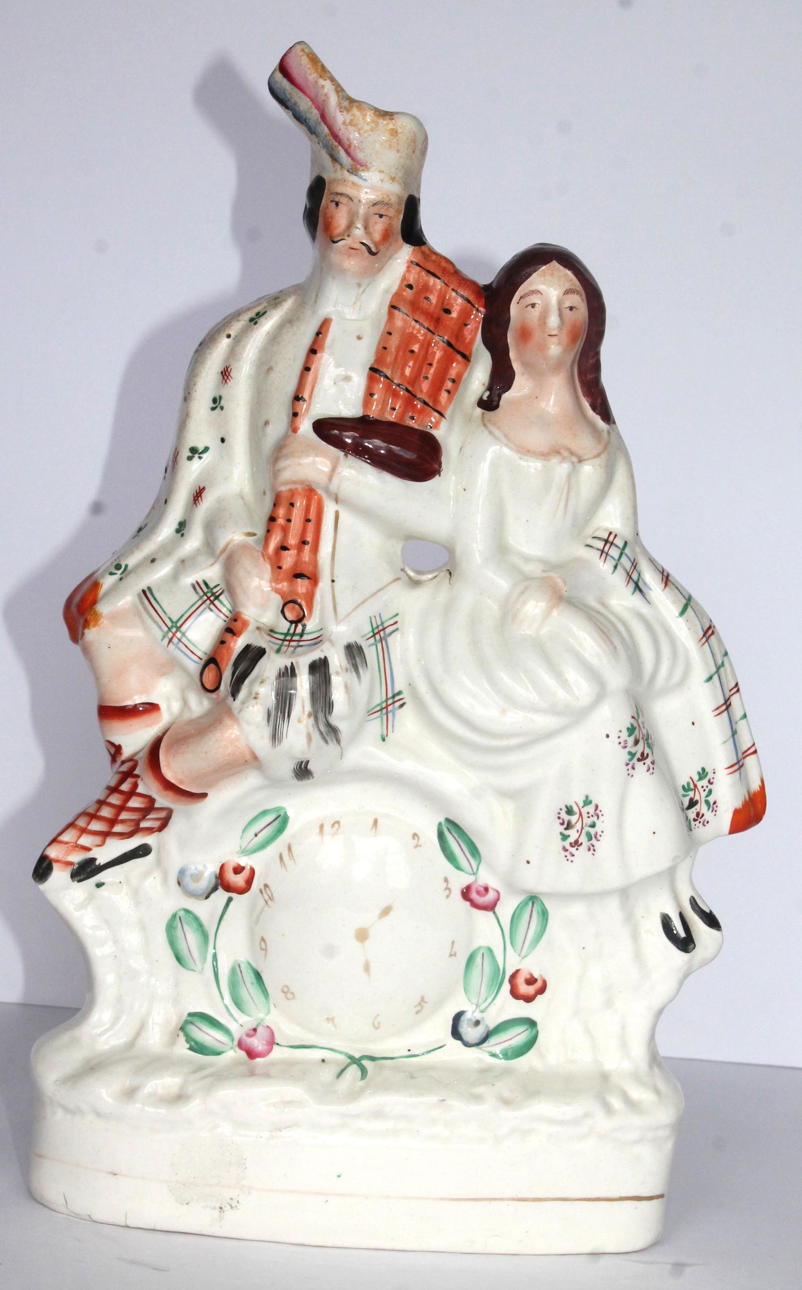 Antique Staffordshire flat back Scottish mantle clock figure of man & woman - 13 1/2" tall (1 of 5)