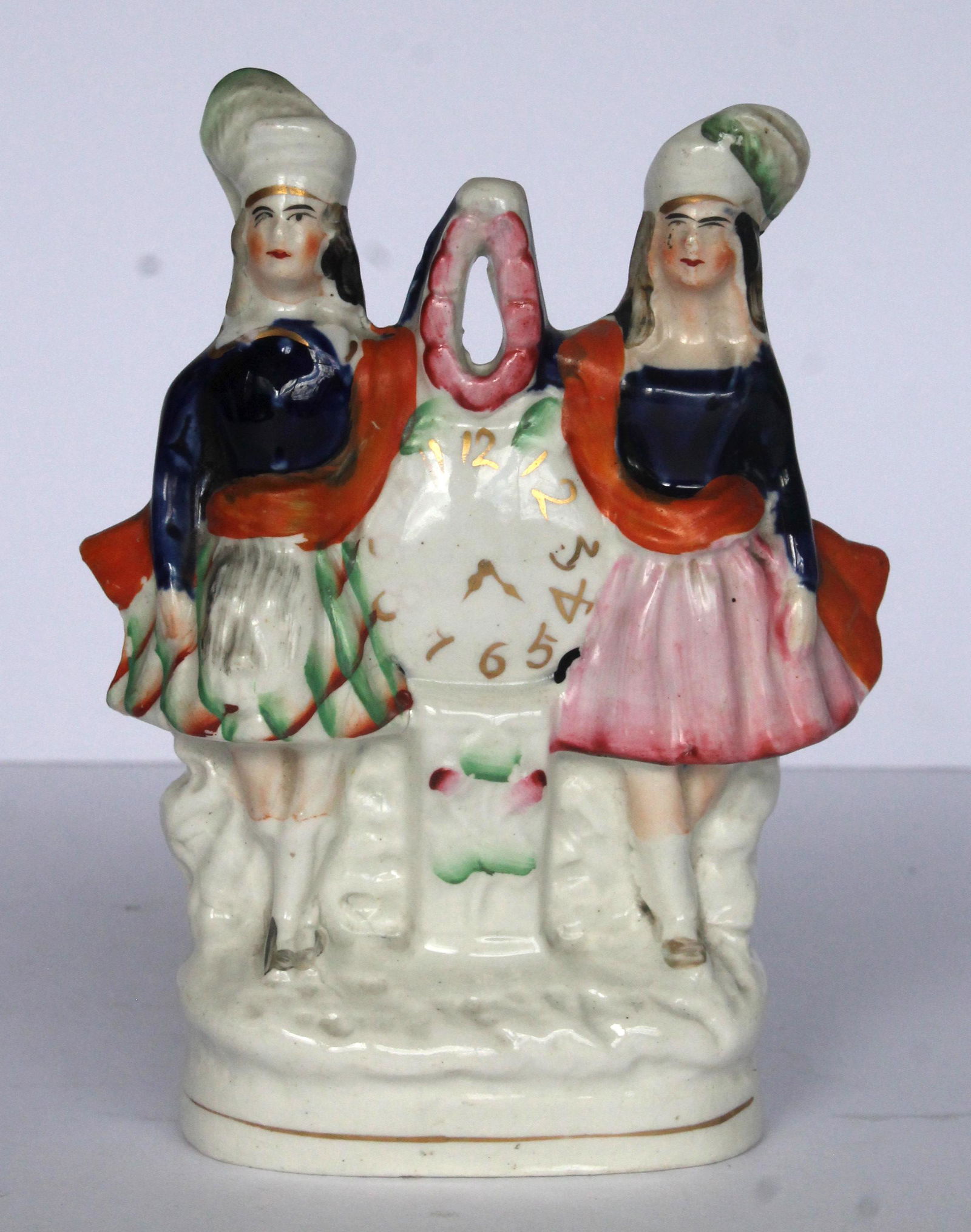 Antique Staffordshire flat back Scottish mantle clock figure w 2 figures - 8" tall (1 of 5)