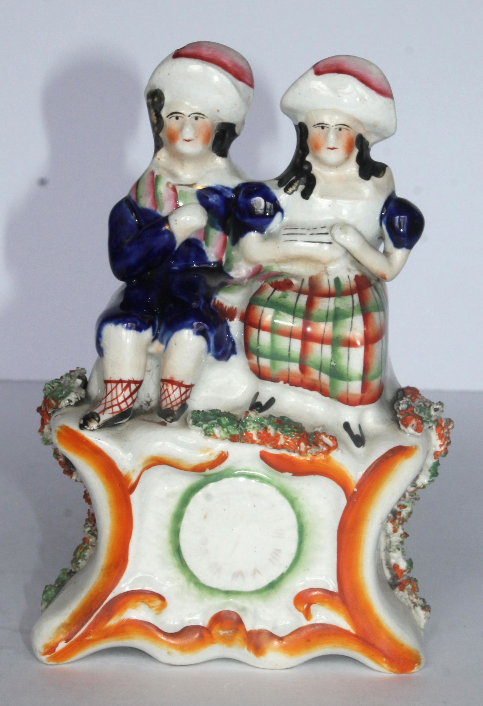 Antique Staffordshire flat back Scottish mantle clock figure w 2 figures - 6" tall (1 of 5)