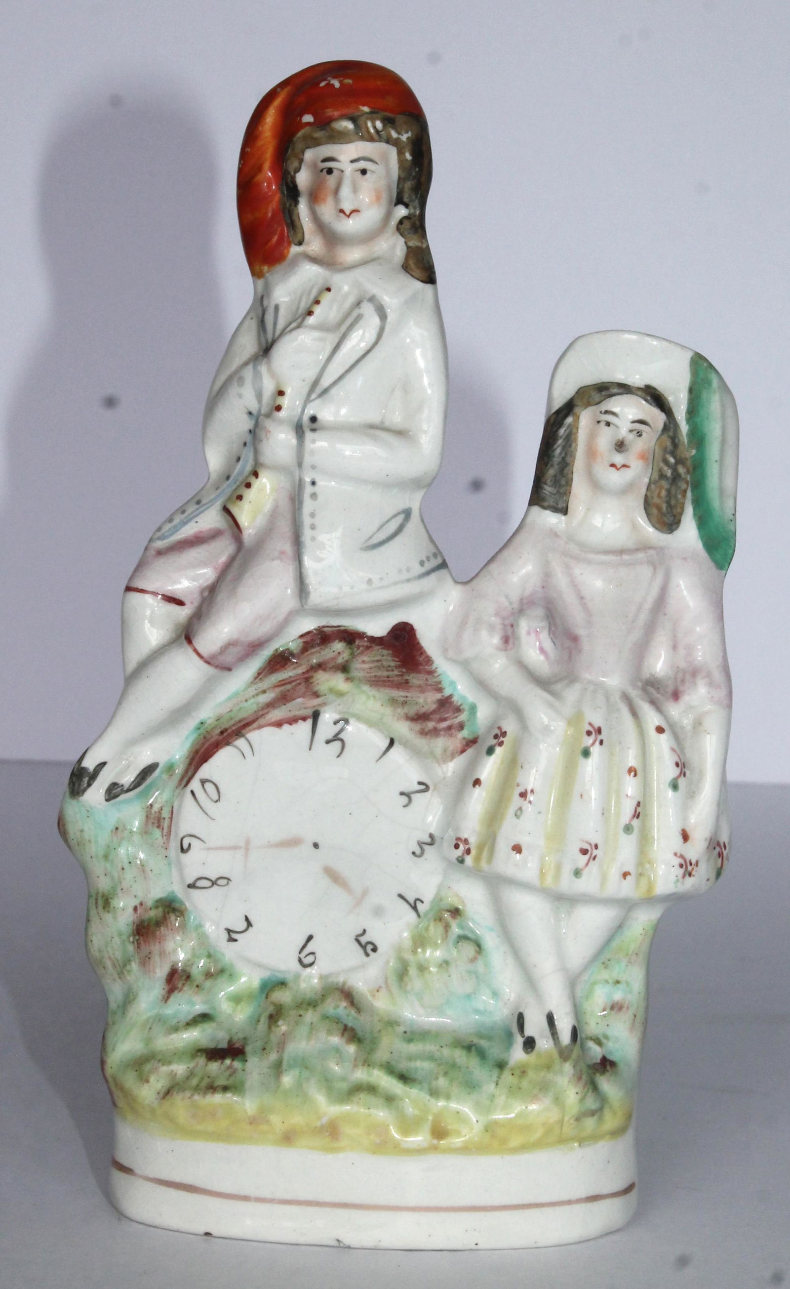 Antique Staffordshire flat back Scottish mantle clock figure w 2 figures - 7" tall (1 of 5)